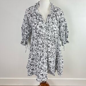 Boho Chic Black & White Abstract Print Cotton Mini Dress, Size M
